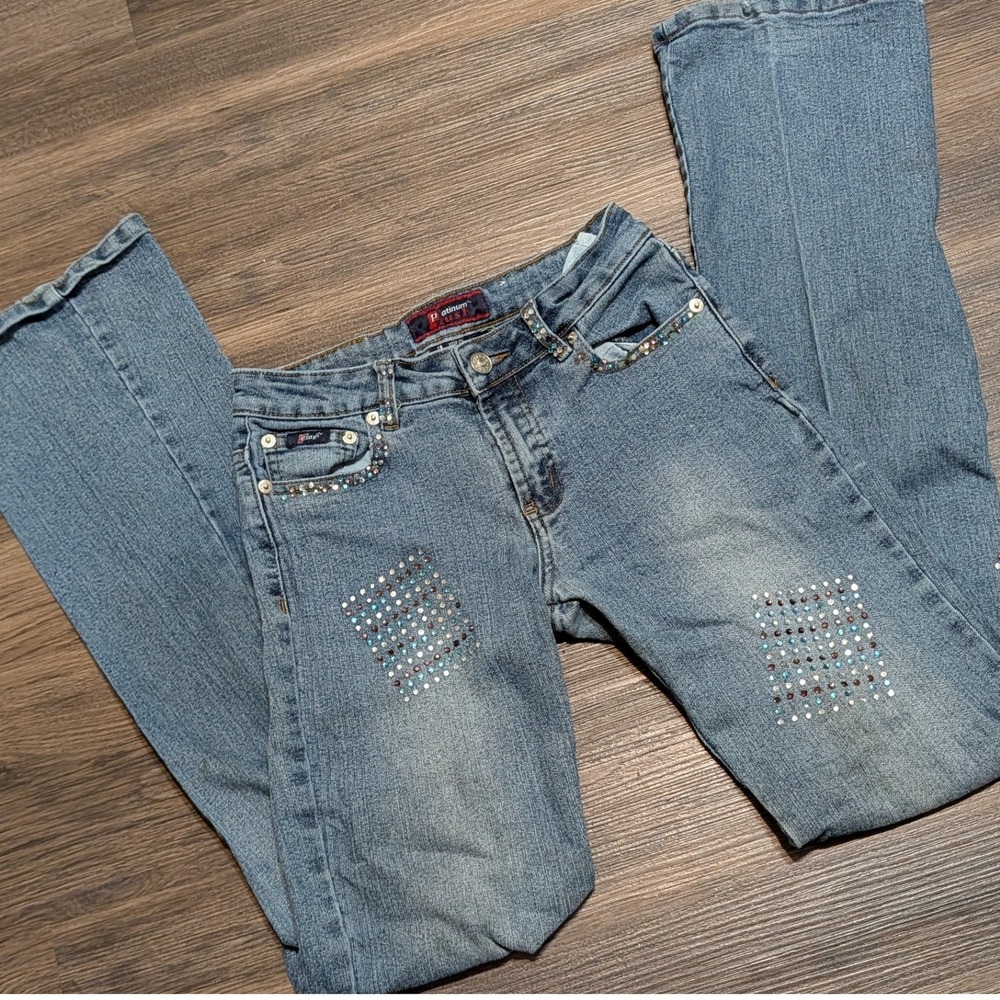 Platinum Plush Y2K Rhinestone Embellished Low Rise Bootcut Jeans Light Wash Sz 1